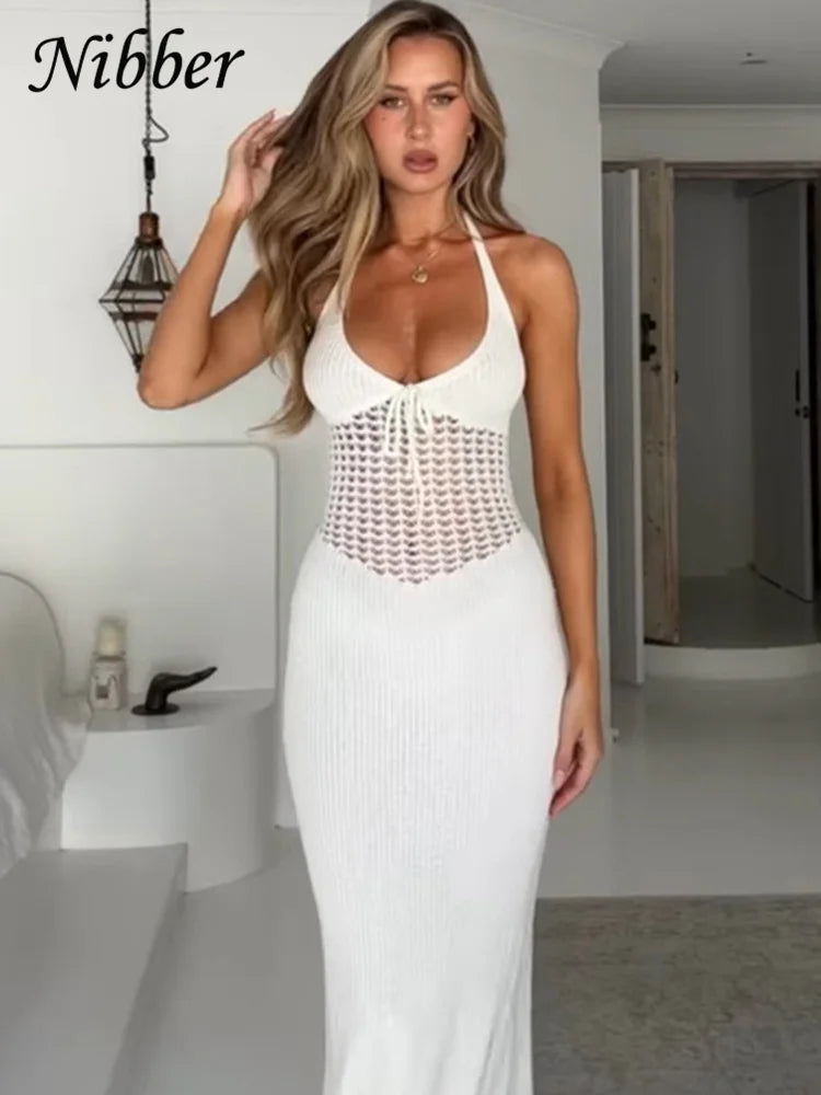 Knitted Crochet Women's Maxi Dress  See Through Halter Low Neck Backless