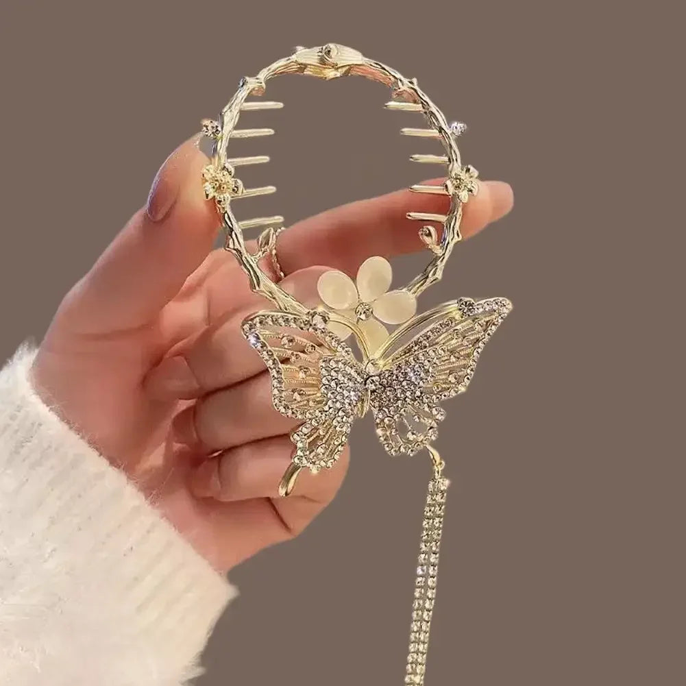Flower Tassel Hair Clip Women Ladies Butterfly Rhinestone Pearl Metal Hair Claw Round Bun Ponytail Holder Hair Accessories