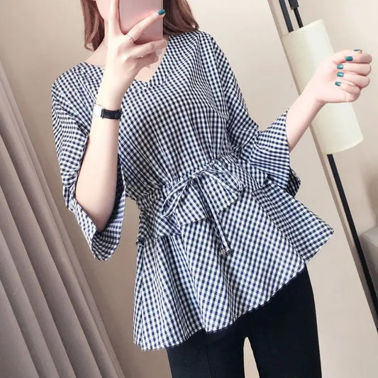 Lacing Plaid Blouse