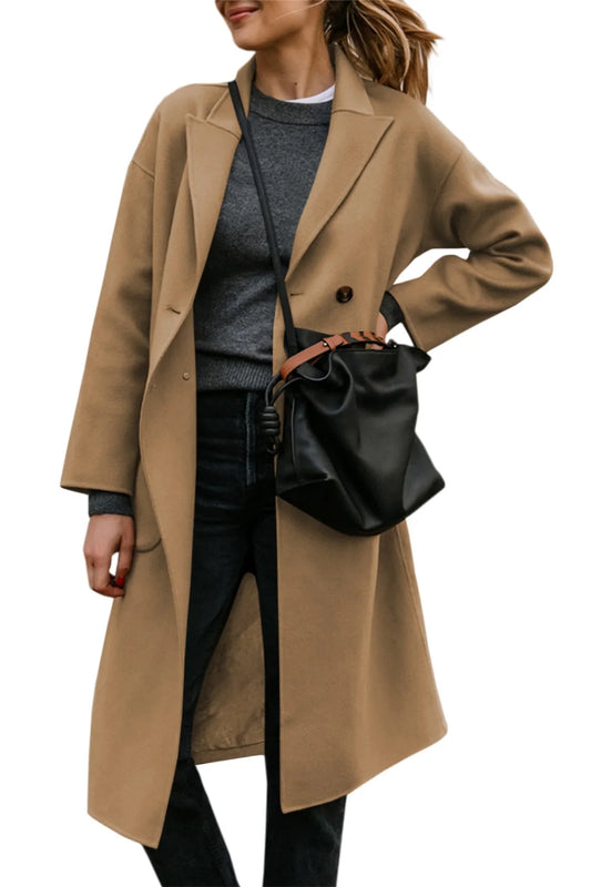 Double-breasted Trench Coat With Lapel Pockets Long Sleeves Mid Length  Casual Trench Jacket