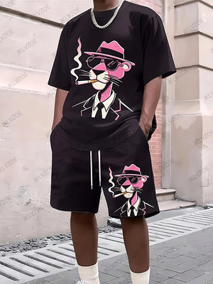 Men's Tracksuit Sets Pink Panther Short Sleeve T-Shirt Suit Casual Suit Sports Streetwear Shorts 2 Piece Male Clothes