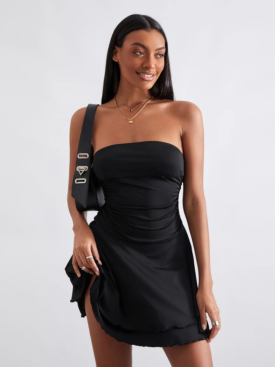 Strapless Mini Dress with Ruched Detailing and A-Line Silhouette Perfect for Summer Parties and Beach Wear