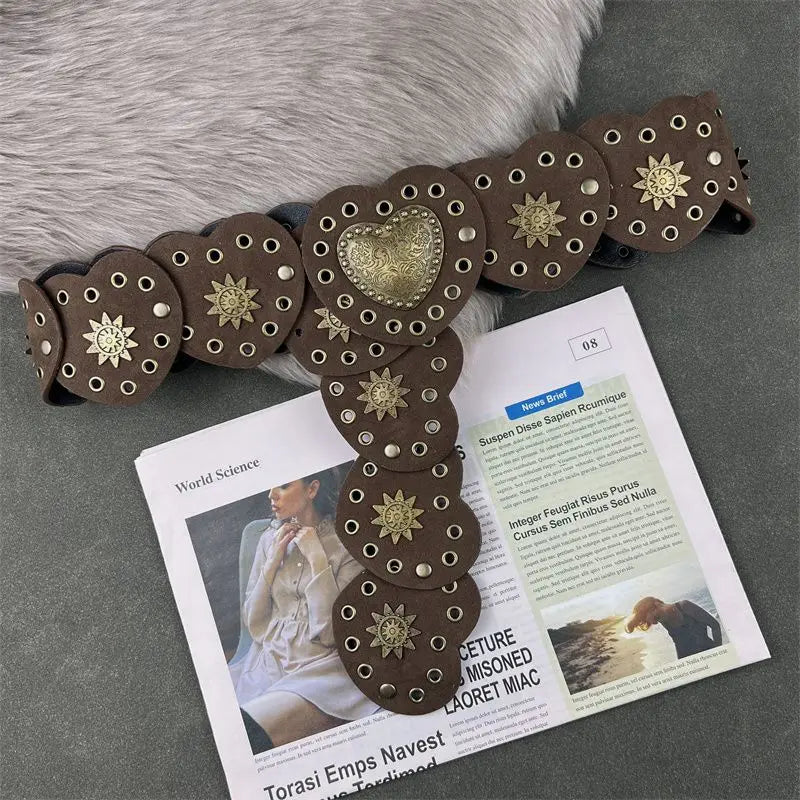 American retro Western cowboy style heart belt decoration  street style fashion metal rivet belt width
