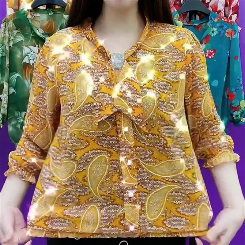 Ruffles Bow Rhinestone Floral Print Blouse