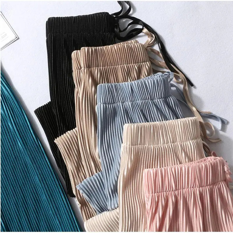 Women's Fashion Summer Wide Leg Pants Pleated Ice Silk Trousers Elastic Waist Loose Casual Pants