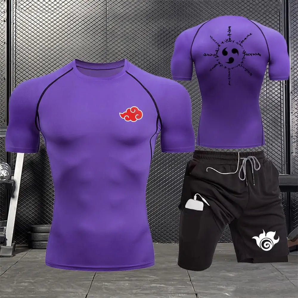 Jogging Breathable Compression Sportswear Summer Men's Training Two-piece Tight T-shirt Fitness Shorts Gym Workout Set S-3xl