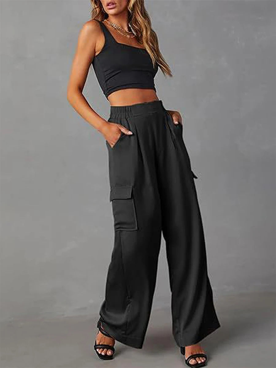 High Waisted Cargo Pants for Women Casual Loose Fit Wide Leg Trousers with Elastic Waistband and Multiple Pockets Stylish