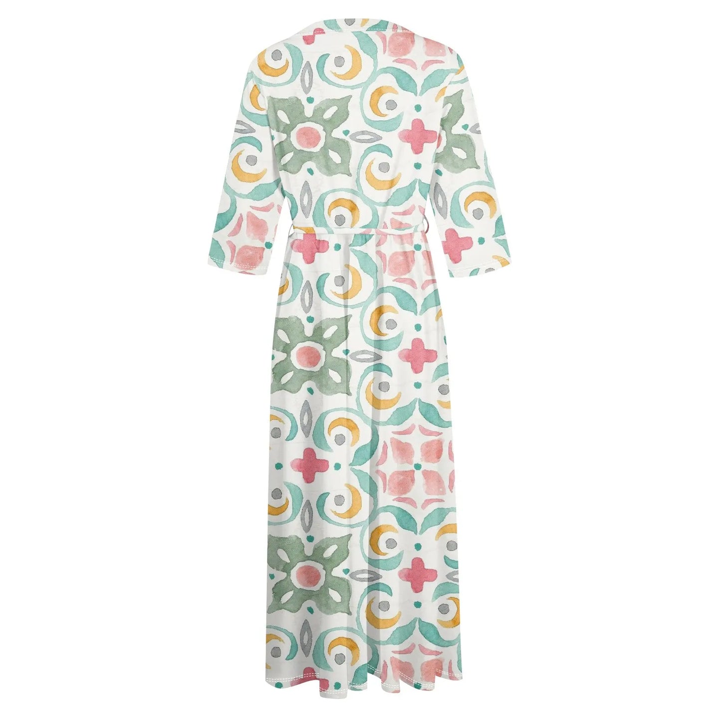 Floral Elegant  Lapel Button Evening Party Dresses Three Quarter Sleeves Formal Wear Mid-Calf  Summer Dress