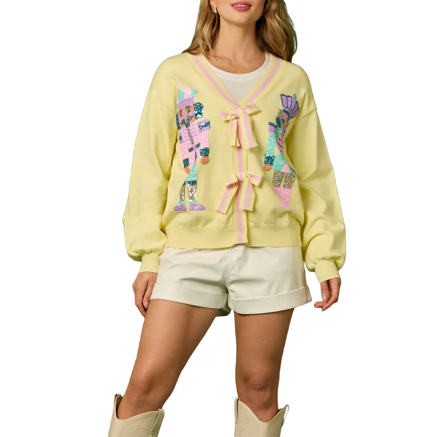 Women s Festive Print Long Sleeve Button Down Knit Cardigan Sweater with Sequin Detail and V Neckline
