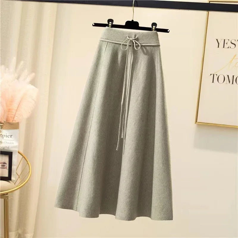 Knitted Midi High Waist Pleated A Line Skirt