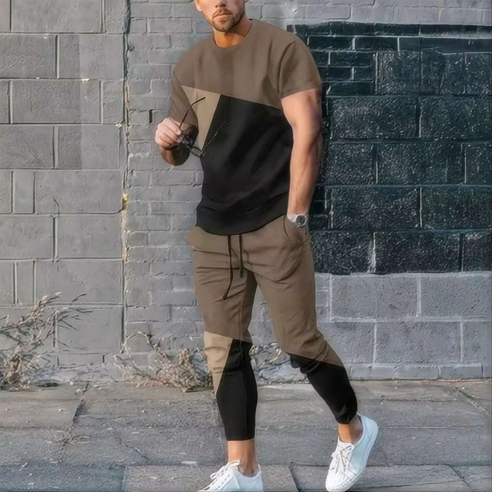 Fashion Men's T-shirt suit sportswear 3D printed sportswear  short sleeved T-shirt long pants  street wear 2-piece set