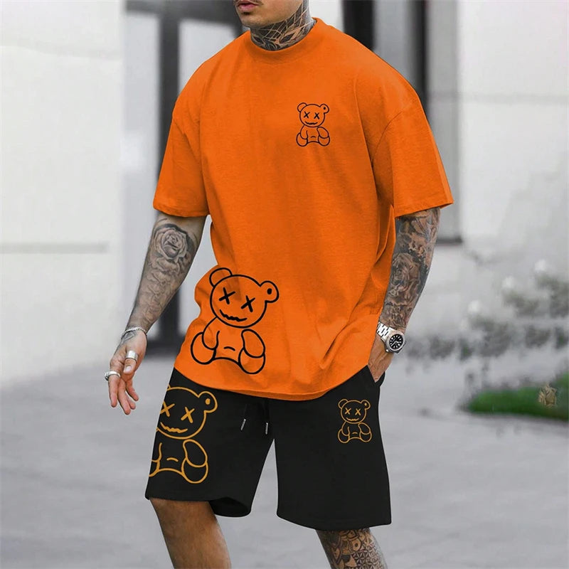 American fashion brand sports short sleeved shirt quick drying men's set summer new loose digital print set soft