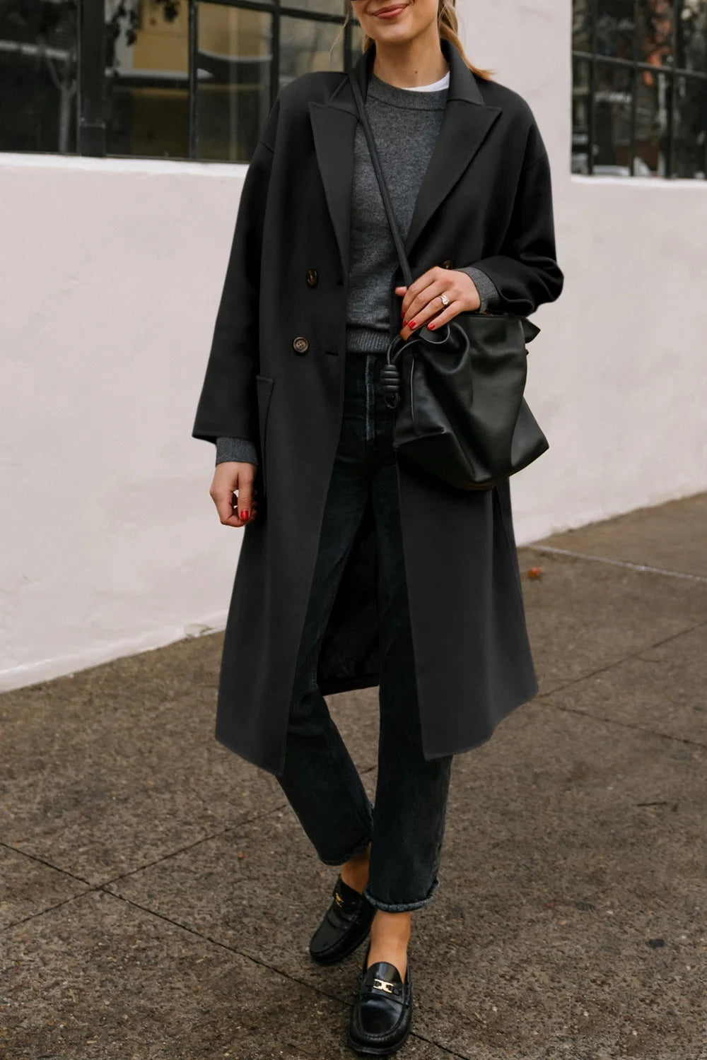 Double-breasted Trench Coat With Lapel Pockets Long Sleeves Mid Length  Casual Trench Jacket