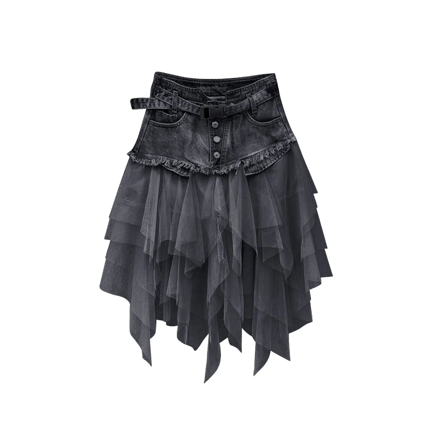 Skirt Women Aesthetic High Waist Denim Tulle Skirt Irregular Hem Belted Button Down Raw Edge A-Line Pleated Skirt