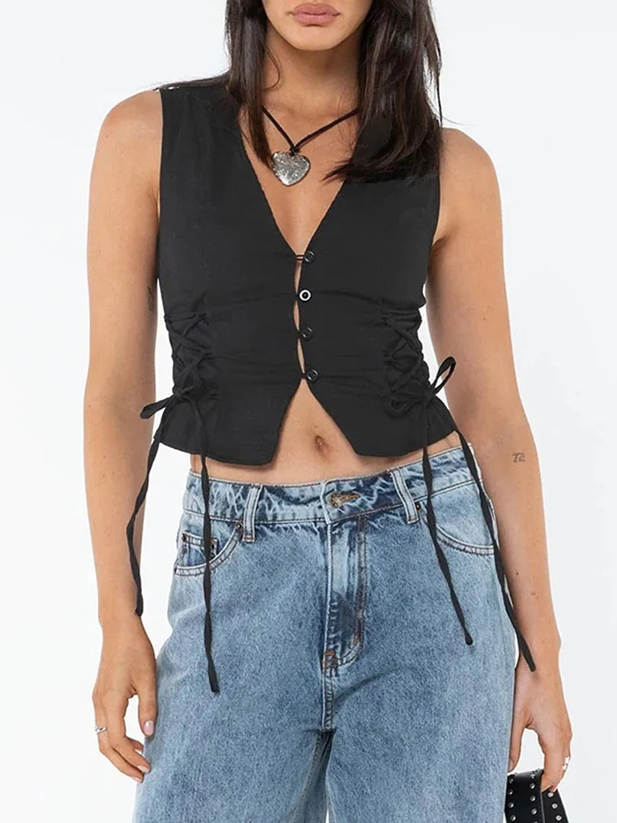 Women Summer Tank Tops Solid Color Front Button Vest Side Cross Tie-Up Waistcoat Streetwear