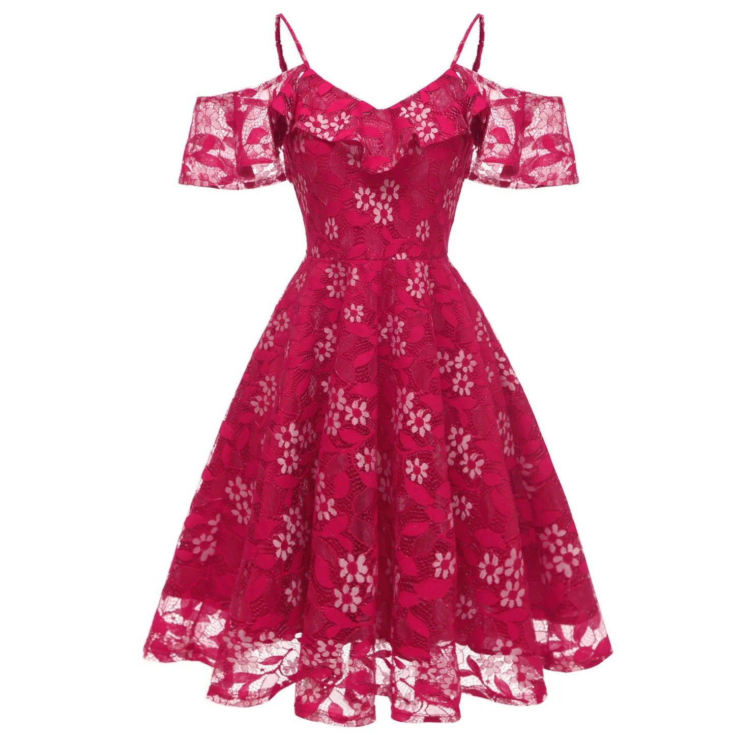 Women Elegant  Princess Dress Ladies Casual Floral Lace Spaghetti Strap Dresses Cocktail Party Swing Dress