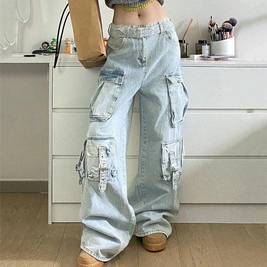 Retro American style Pocket Patchwork Jeans Pants Women Fashion Mid Waist Cargo Pants Baggy Light Blue Distressed Denim Trousers