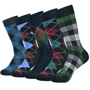 5pairs Mens Cotton Dress Black Argyle Pattern Crew Funny Socks for Men Gifts