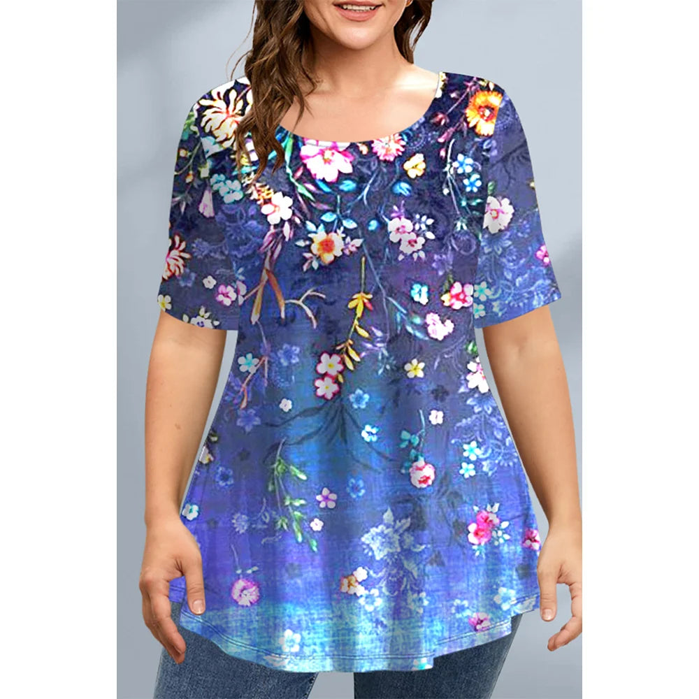 Women's T-Shirts Spring Clothing Floral Graphic O-Neck Pullovers Short Sleeve Tops Streetwear Oversized Apparel Ladies