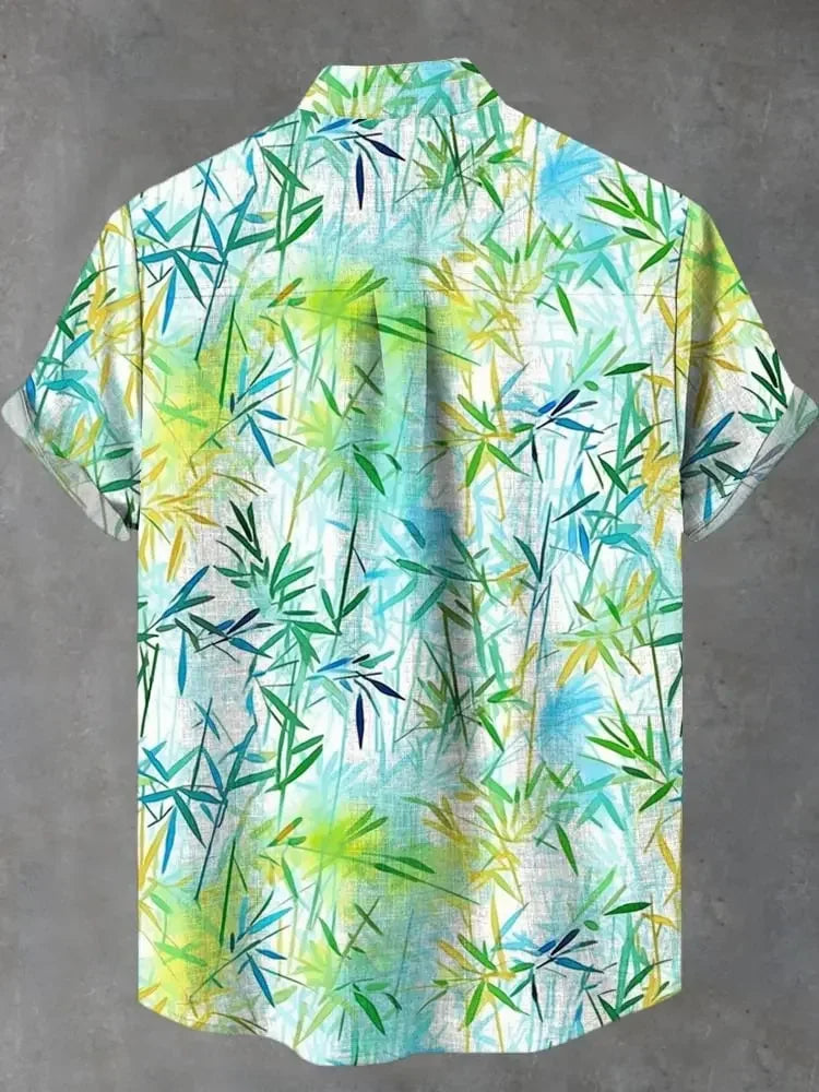 Printed Breast Pocket Cotton Linen Short Sleeve Shirt  Loose Versatile Casual Sports Summer Men