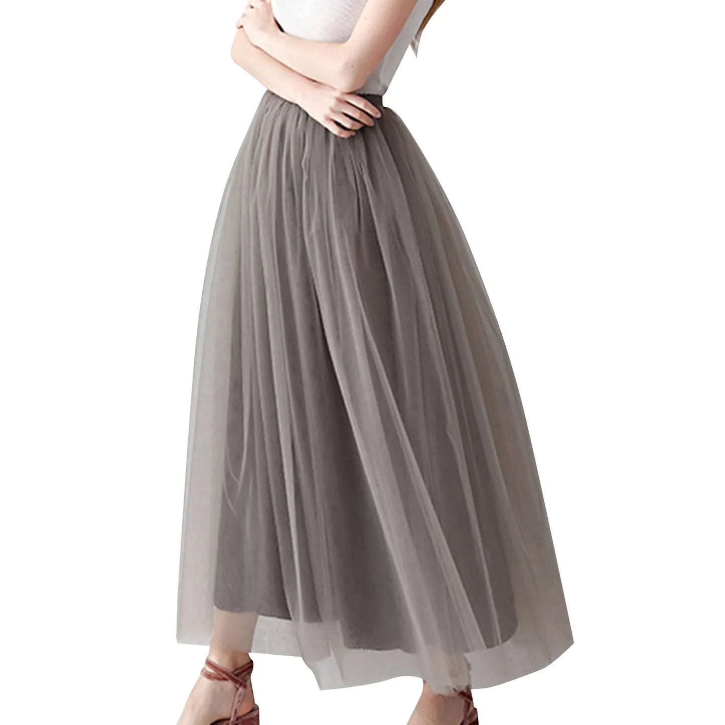 Women's Mesh Maxi Skirt Elastic High Waist Large Swing Long Skirt A Line Belt