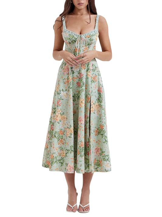 Summer Casual Midi Dress Floral Print Low-Cut Sleeveless