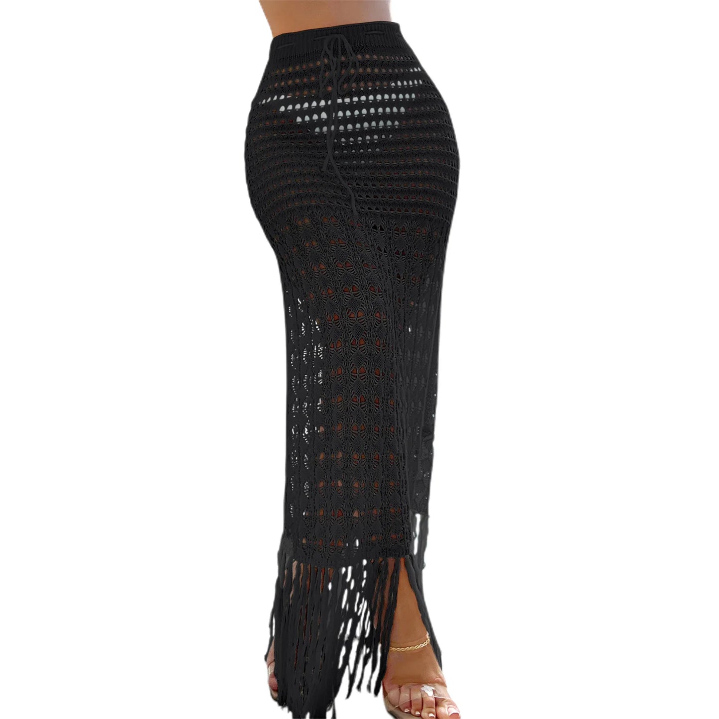 Knitted Cover Ups Summer Crochet Cutout High Waist Sarong Beach Skirt with Tassel