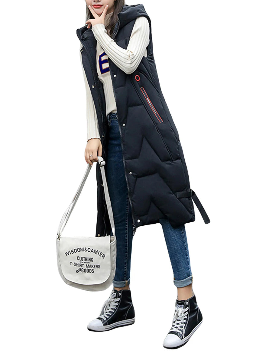 Quilted Puffer Vest with Hood Mid-Length Sleeveless Winter Waistcoat Zipper Closure Lightweight Down Coat