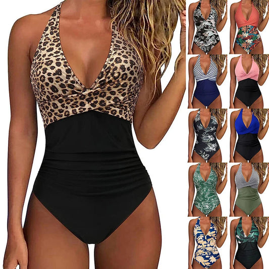 Print One Piece Swimsuit Women Sexy Pleated Bathing Suit Leopard Printed Bodysuit Bikini Set Summer Fashion