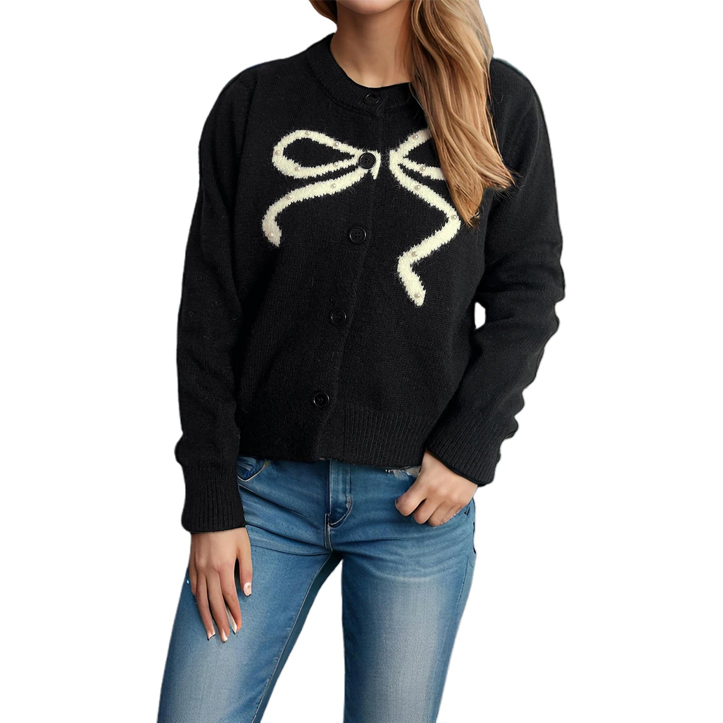 Elegant O-Neck Cardigans with Bow Embroidery and Puff Sleeves Stylish Lightweight Knitwear for Chic Street Style