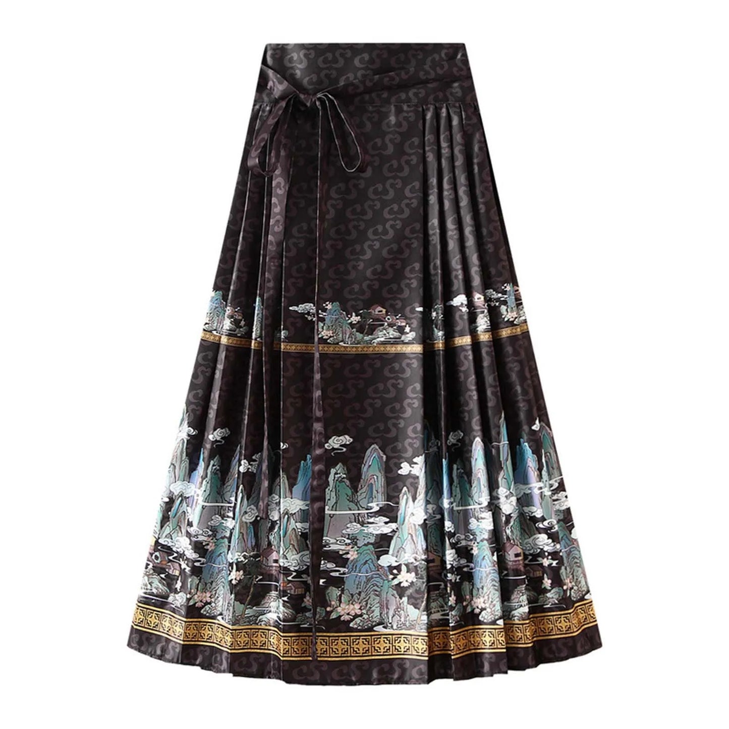 Fashion Vintage Printed Skirts for Ladies Women's High Waist Skirt With Bow Tie