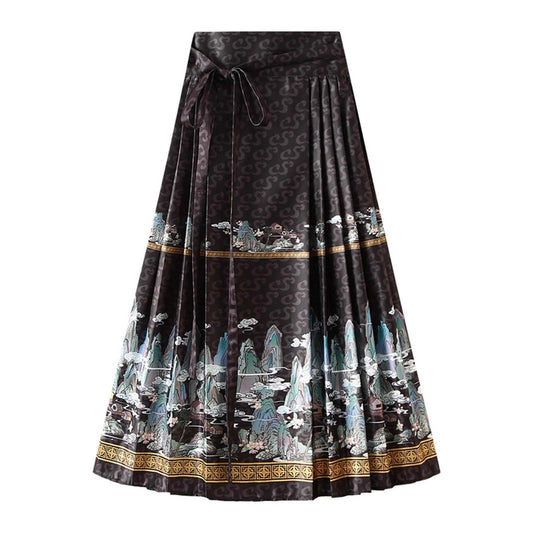 Fashion Vintage Printed Skirts for Ladies Women's High Waist Skirt With Bow Tie