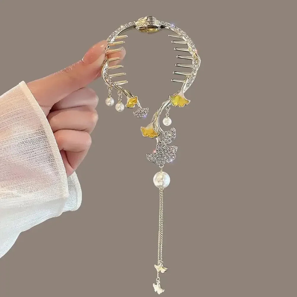 Flower Tassel Hair Clip Women Ladies Butterfly Rhinestone Pearl Metal Hair Claw Round Bun Ponytail Holder Hair Accessories