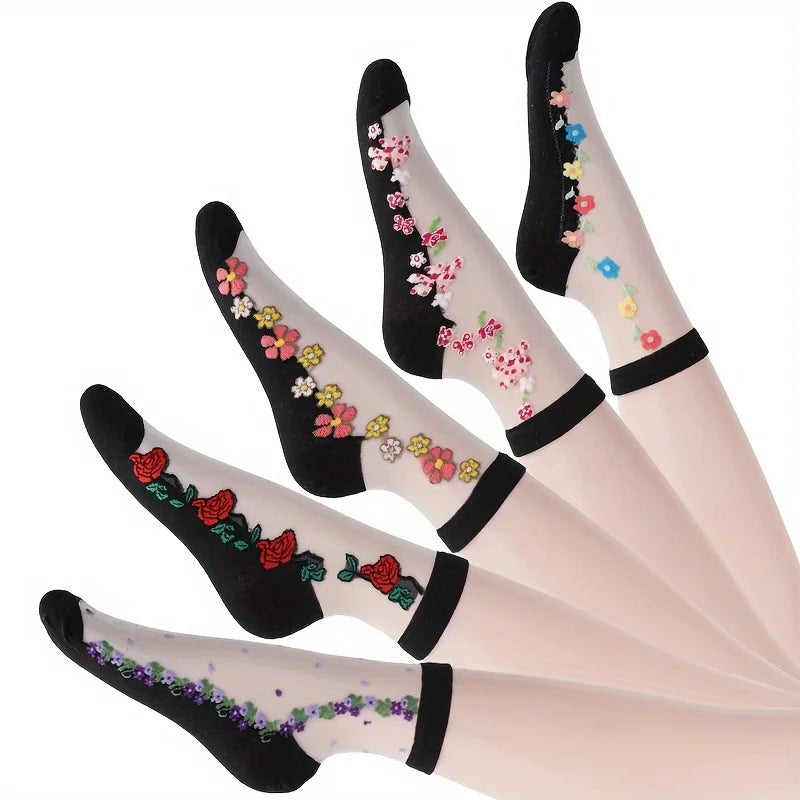 5 Pairs Mesh Floral Print Mid Calf Socks Crystal Glass Short Thin Socks Women's Stockings Hosiery