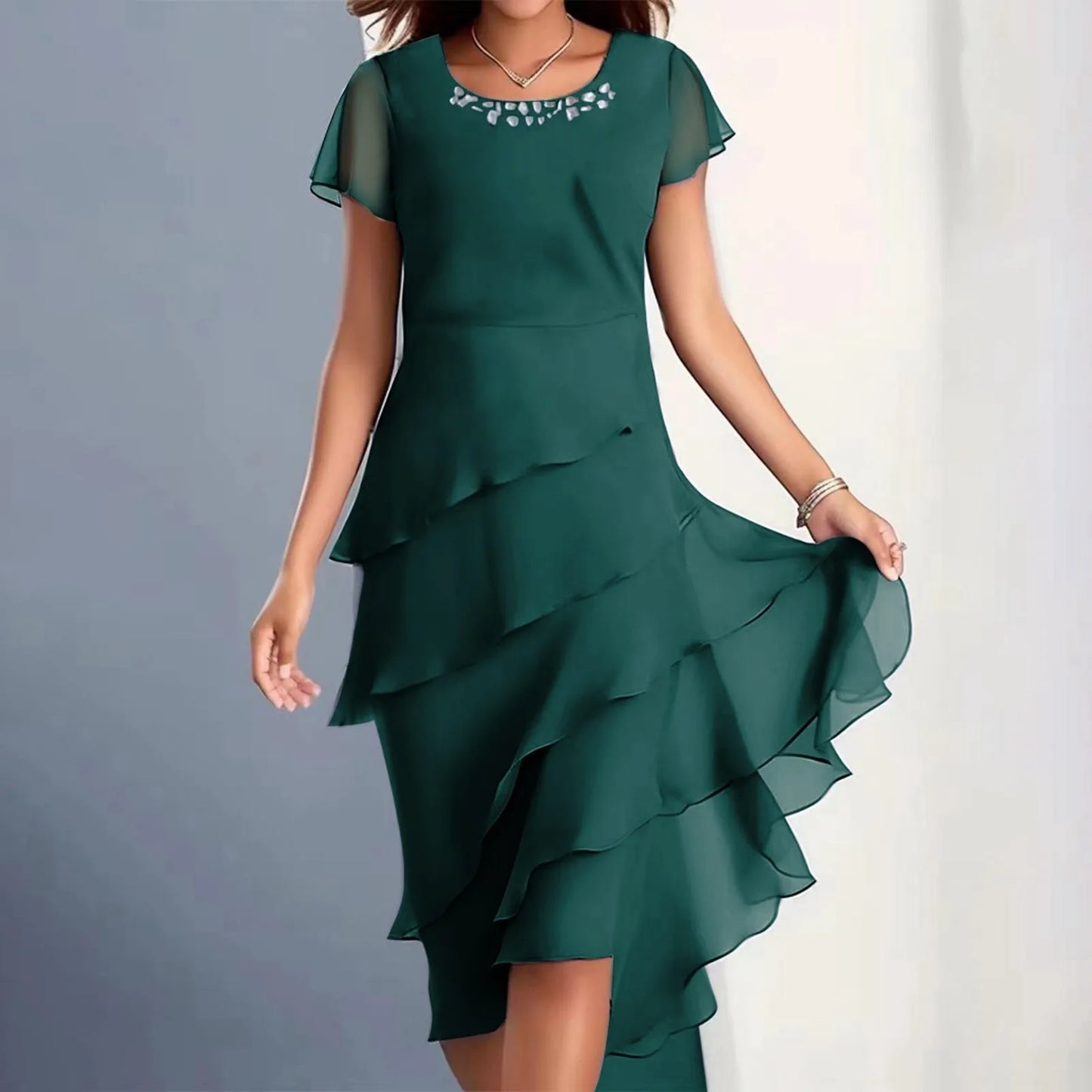 Women's Summer Elegant Solid Color Ruffles Pleated Party Dress Fashion Diamonds Patchwork O-neck Swing Hem Evening Prom Dress