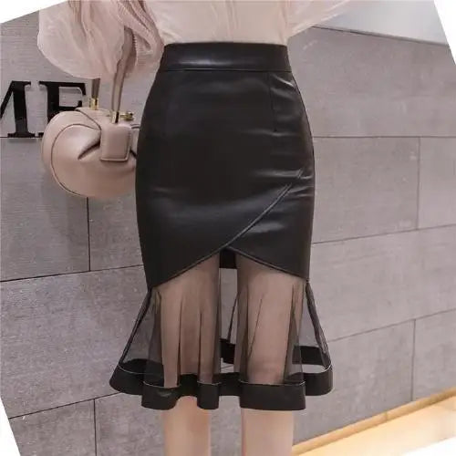 High Waist Gauze Patchwork Office A-line Midi  Leather Fishtail Skirt