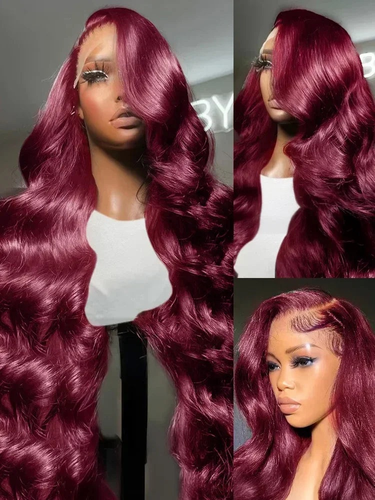 99J Burgundy Body Wave 13x4 Lace Front Wig 13x6 100% Human Hair HD Transparent 30 40 Inch Lace Frontal Wigs Red Wine Brazilian