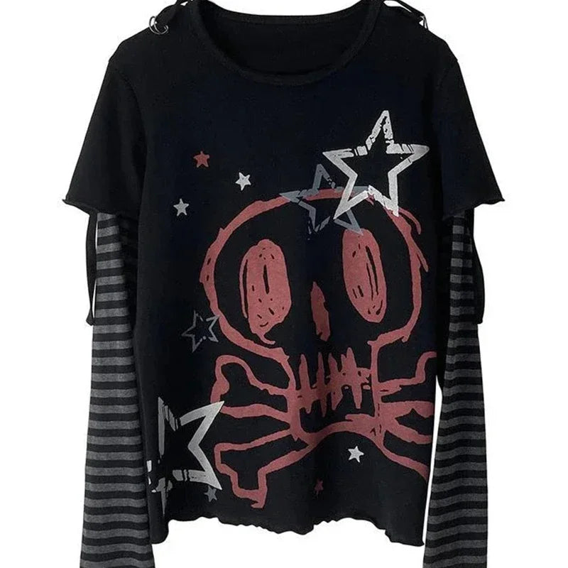 Grunge Aesthetic T-shirt  Skull Dark Graphic Long Sleeve T Shirt Women Punk Cartoon