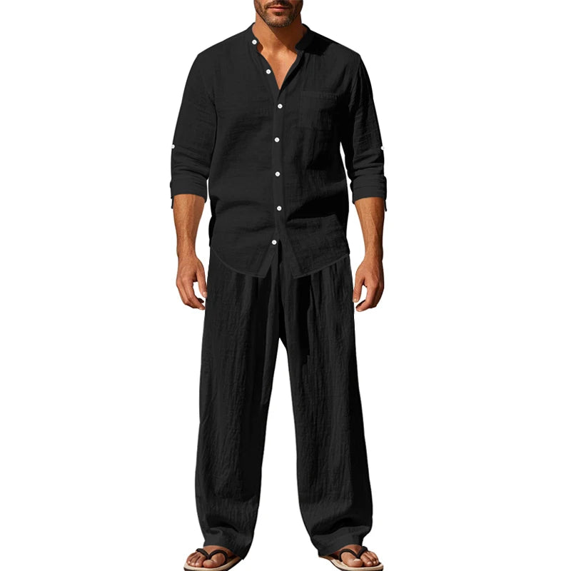 Spring/Summer New Men's Linen Casual Loose Breathable Long Sleeve Pants Shirt Beach Set
