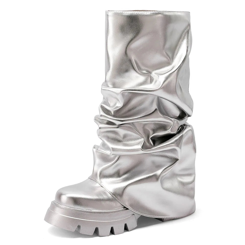 Fold Over Slouchy Shark Boots Fashion Pleated Chunky High Heels Round Toe Platform Pull On Knee High Boots