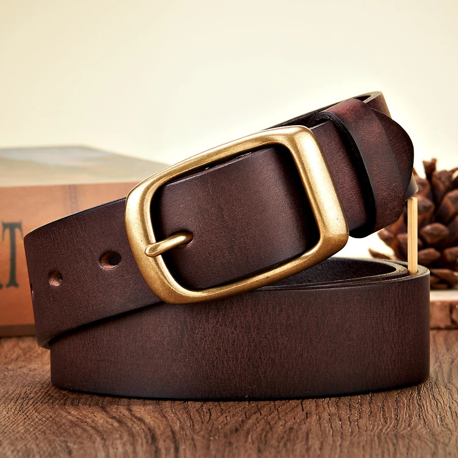 3.3CM High Quality Natural  Cow skin Genuine Leather Belt  Casual Copper Buckle