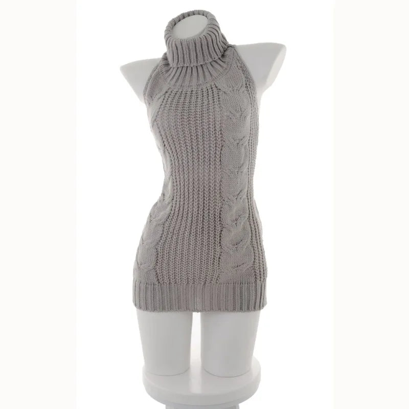 Sexy Trendy Knitted Pullover Sweater Dress for Women, Sexy Backless Apparel with Tie-up Back Design