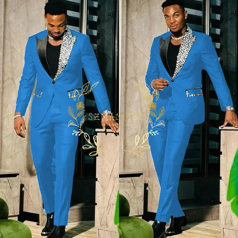 Suits for Men Slim Fit Single Breasted Peak Lapel Blazer High Quality Crystal Prom Party 2 Piece Jacket Pants Sets Terno