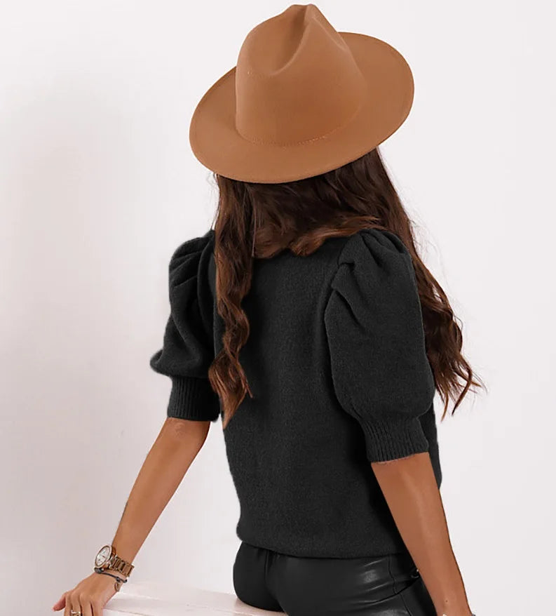 Women's Puff Short Sleeve Sweater Knitted Pullover Trendy Solid Crew Neck Casual Crop Tops Sweater