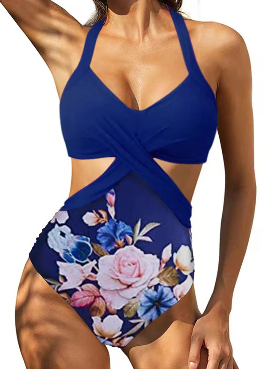Solid Printed Swimwear Women Halter One Piece Swimsuit Female Swimming Monokini Suit Padded Beachwear