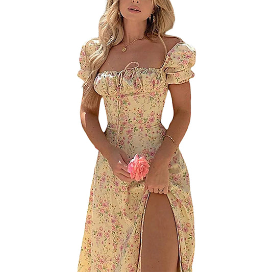 Summer Dress For Women Boho Rope Fashion Floral Printed Lace Up Chest Elegant Short Sleeve