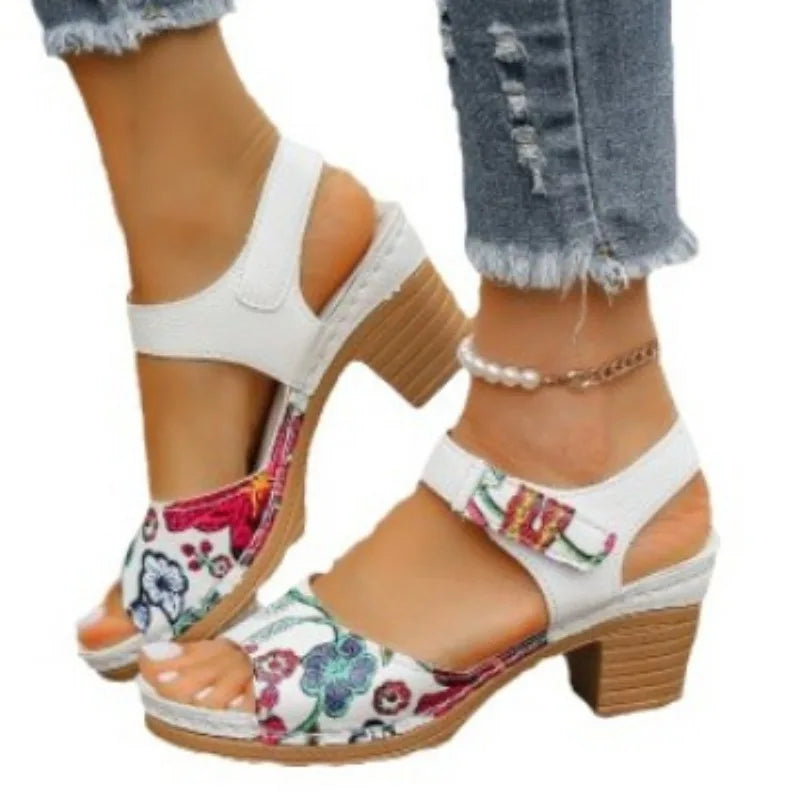 Women's Peep Toe High Heel Sandals Summer Gladiator Shoes Chunky Heel Platform Women's Sandals Flower Ladies Heeled Shoes