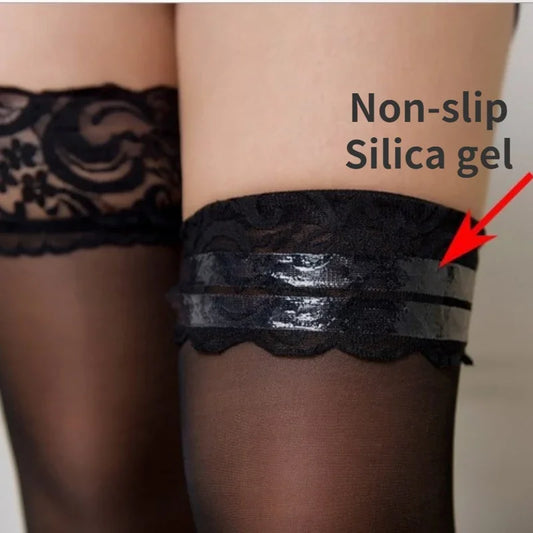 Sexy Lace Stockings Transparent Sexy Thigh High Long Socks Stockings with Anti-slip Stocking for Women