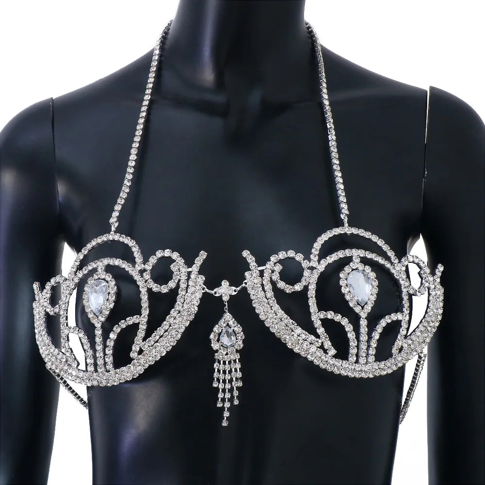 Semicircle Crystal Bikini Top Chest Bracket Tassel Body Chain Curved Rhinestone Lingerie Bra  Breast Jewelry