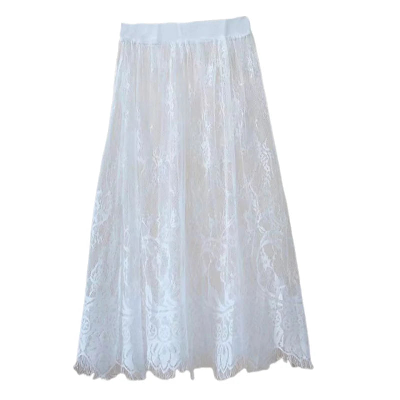 Floral Lace Maxi Skirt with Elastic Waistband and Sheer Mesh Overlay - Perfect for Layering Under Dresses